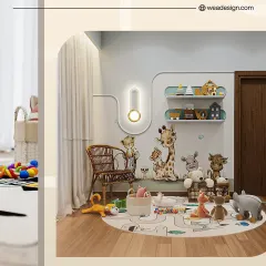 A playful corner in a kids' room designed for imagination. We used animal decals, a fun car-track rug, and low, accessible shelving to create a safe and engaging play area.