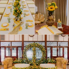 The stunning Haldi decor, featuring a theme of sunflowers, hay bales, and a beautiful seating arrangement for the couple.