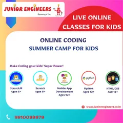 This flyer details our Online Coding Summer Camp curriculum. We offer a structured pathway for kids, starting with visual block interfaces like ScratchJR and progressing to text-based languages like Python and HTML/CSS.