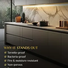 Here is exactly why M-Core™ stands out. It is engineered to be termite-proof, bacteria-proof, fire and moisture resistant, non-porous, and incredibly easy to clean. These are not just features; they are assurances that your kitchen is safe, hygienic, and built to last.