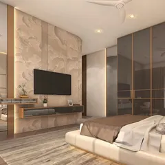 This is a visualization of a bedroom in an upcoming apartment, showcasing how we use texture to create warmth and character. The feature wall with its organic pattern, combined with soft backlighting, creates a serene and sophisticated atmosphere perfect for relaxation.