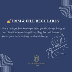 Regular trimming and filing are essential for preventing splits and breakage. Always use a fine-grit filer and file in one direction to keep your nails neat and strong.