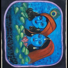 A finished Radha Krishna painting, ready to find a new home. This piece is filled with symbolism, from the peacock feather in Krishna's hair to the serene expressions, all set against a deep blue background. This artwork is available for purchase.