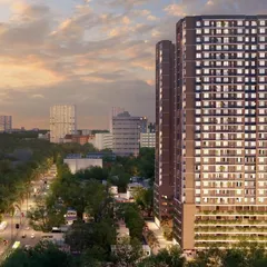 This render shows a residential development in North Mumbai at sunset. The design focuses on providing maximum unobstructed views of the surrounding landscape.