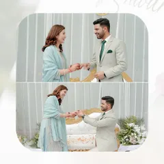 A diptych of the ring exchange. These photos capture the expressions of the couple as they officially get engaged, a key moment in their journey.