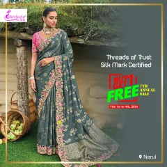 This elegant grey silk saree features delicate pink and gold floral embroidery along the border. It is a perfect example of my commitment to "Threads of Trust," as every piece is Silk Mark Certified, guaranteeing authentic quality.
