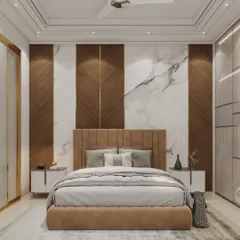 A luxurious bedroom design featuring a floor-to-ceiling accent wall with alternating panels of wood and white marble. The upholstered bed and gold trim add to the opulent feel of the space.