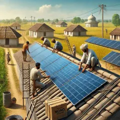 Another vision of a solar-powered rural landscape. I install high-efficiency black mono solar panels that provide reliable energy, reduce bills, and come with government subsidies of up to ₹1,48,000.
