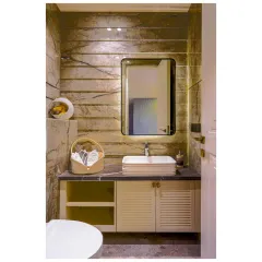 This washroom in our Gurgaon project uses a soothing grey palette and fluted cabinet details. The design is rooted in a neo-classical theme, creating a space that feels calm, graceful, and quietly luxurious.