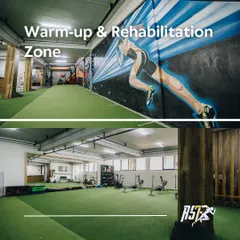 Our dedicated warm-up and rehabilitation zone, featuring ample turf space and wall murals that inspire movement and performance.