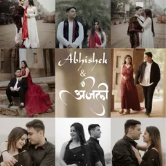 A beautiful collage from a pre-wedding shoot in Delhi, showcasing the couple in various romantic poses and outfits. This collection highlights their chemistry against both historic and natural backdrops.
