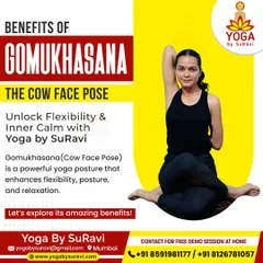 This infographic highlights the benefits of Gomukhasana (Cow Face Pose), a powerful posture for enhancing flexibility, improving posture, and relieving tension.