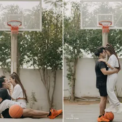 Love and basketball. This pre-wedding photo captures a sweet, intimate moment on the court, showing that romance can be found in your favorite activities.