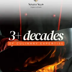 "3+ decades of culinary expertise." This graphic, featuring a chef's pan in flames, symbolizes the passion and mastery we've honed over 30 years in the luxury catering business.