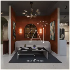 This is a display pod within a furniture experience center. We used a bold terracotta wall and a dramatic chandelier to create a moody, theatrical setting for this semi-sectional sofa and abstract coffee table.