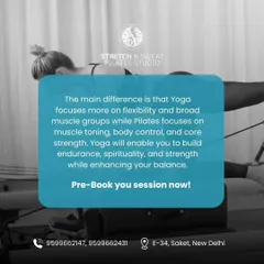 This graphic explains that while Yoga focuses on flexibility and broad muscle groups, Pilates hones in on muscle toning, body control, and core strength.