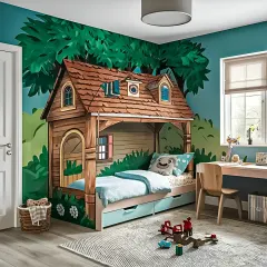 This whimsical kids' room features a custom-built, house-shaped bed with a charming shingled roof. The bed includes under-bed storage drawers, and the room is complemented by a large tree mural, bringing the outdoors inside.