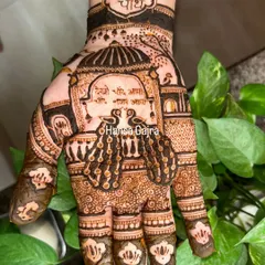 A Karwachauth design that incorporates the name of the festival itself. The artwork depicts a traditional scene with peacocks, celebrating the devotion and love of the occasion.