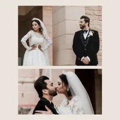 A collage showing both a playful and a romantic moment between the bride and groom, highlighting their chemistry and elegant wedding attire.