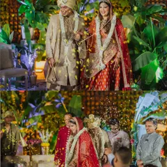 The couple walks through a shower of petals after their ceremony. This collage captures the joy and celebration of their first moments as a married couple.