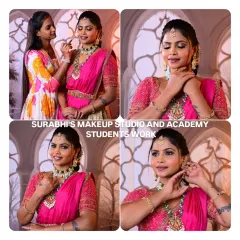 Another student's work from portfolio day, this collage shows the process and result of a beautiful pink lehenga look.