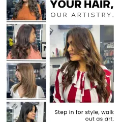Your hair, my artistry. This collage showcases the range of my work, featuring different clients with various styles, from layered cuts to beautiful color. I believe in making every client a work of art.