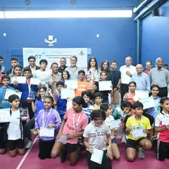 A moment of collective achievement at the Yonex Sunrise Gautam Thakkar Memorial Championship. This large group of winners and participants showcases the scale of the state-level junior badminton events we organize.
