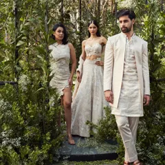 A beautifully styled group in coordinated ivory and beige. I work with you to create looks that feel connected, from the groom's attire to the bridesmaids' dresses.