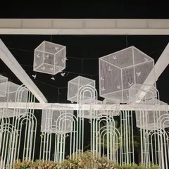 A unique overhead installation made from wire mesh cubes and birds, creating a sense of flight and freedom above the seating area. It’s all about creating unexpected moments of art.