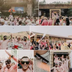 The groom's squad, 'Team Groom', bringing all the energy to the baraat. I plan for fun props and moments like these to make the procession a party.