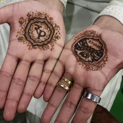 A classic and elegant choice for groom's mehendi. I designed these matching circular patterns, one with the couple's initials 'RP' and the other with their wedding date. This style is timeless and always looks so sharp.