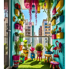A slightly different angle of the colorful balcony, this view showcases the whimsical flamingo decor and the variety of unique planters. It’s a great example of how to create a fun theme in a small space.