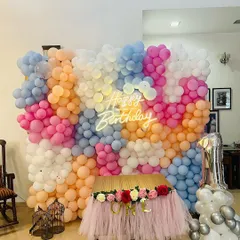 A close-up of the dense and colorful balloon wall, showcasing the texture and artistry involved in creating such a backdrop.