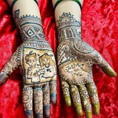 A custom Rakhi design celebrating the bond between a brother and sister. One hand features a cute cartoon portrait, while the other has the brother's name, 'Jatin', and a sweet message.