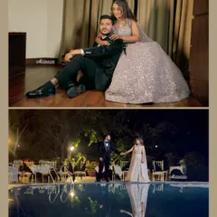 A collage showing two different moods from an engagement shoot. One is a relaxed, indoor portrait, while the other is a dramatic, wide shot by a pool at night, showcasing their reflection.