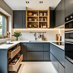 A sleek, modern kitchen in a sophisticated grey finish. This design demonstrates smart storage with deep drawers and organized upper cabinets, while under-cabinet lighting illuminates the workspace for a functional and stylish cooking experience.