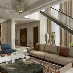 This perspective shows the connection between the living area, the upper floor, and the outdoors. The design uses a neutral palette and natural materials to complement the abundant light.