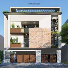 For this Bangalore residence, I kept it simple and clean. The facade design combines natural stone, wood-paneled planters, and a geometric jalli screen to create a play of textures and shadows, resulting in a modern home with a calm, inviting presence.
