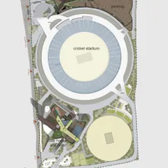 A detailed site plan illustrating the zoning for the cricket stadium, club hotel, and parking areas.