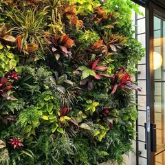 A dense and colorful vertical garden featuring a wide variety of plants with red, yellow, and deep green leaves, creating a rich and exotic tropical feel.