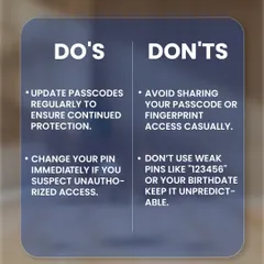 This graphic provides clear do's and don'ts for your digital lock. We advise updating passcodes regularly and avoiding weak PINs like "123456" to ensure your security is never compromised.