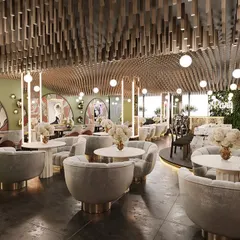 Unveiling the Elation cafe in New Delhi. We designed this hidden gem to have an inviting and luxurious ambiance, with comfortable seating, a unique slatted ceiling, and modern decor.