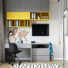 A functional and stylish study and activity room for a teen. The design includes a grey and yellow color scheme, a world map decal, and a wall-mounted gymnastics bar and punching bag for an active lifestyle.