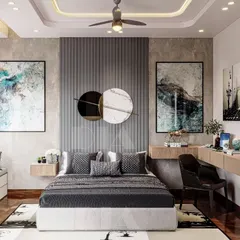 A grey fluted panel serves as a dramatic accent wall behind the bed in this modern bedroom. The design is balanced with a floating wooden desk and nightstand, creating a functional and stylish space.