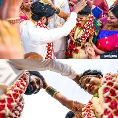 A collage showing the emotional and symbolic moments of the kanyadaan and other wedding rituals, surrounded by family.