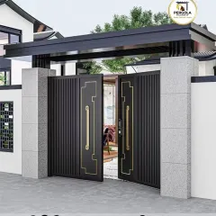 This gate features a blend of vertical slats and gold-colored inlay, creating a sophisticated and modern Asian-inspired design. It provides a secure and stylish entrance that complements the clean lines of the property wall.