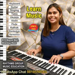 A student enjoying her keyboard lesson at our academy. We provide a friendly and encouraging environment for students to discover their musical talents.