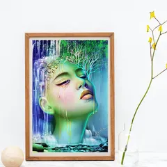 A mockup showing the "waterfall girl" fantasy piece framed. This helps visualize how a custom conceptual artwork could look in your home.