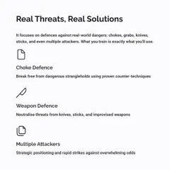 We train for real threats. My curriculum focuses on practical solutions for the most common dangers you might face, including chokes, weapon attacks, and even multiple attackers.