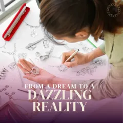 This image captures the heart of my design process. Here, I am working on a new collection, refining sketches and examining a finished piece held in my palm. It shows the transition from a concept on paper to a dazzling, tangible reality, a journey I am honored to guide for my clients.